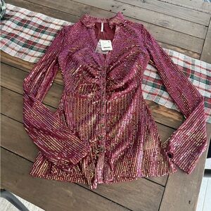 Free People Rhubarb Sequin Button-Front Top | NWT | XS Y2K